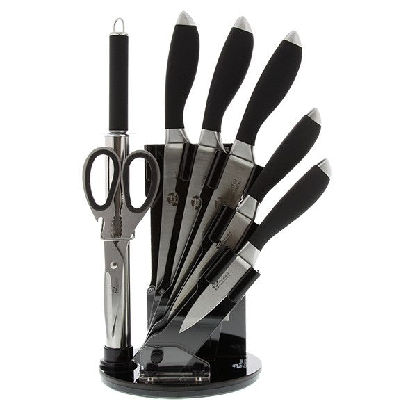 Pradel Excellence planche en bois avec 5 couteaux de cuisine, un fusil et  un éplucheur gris et noir