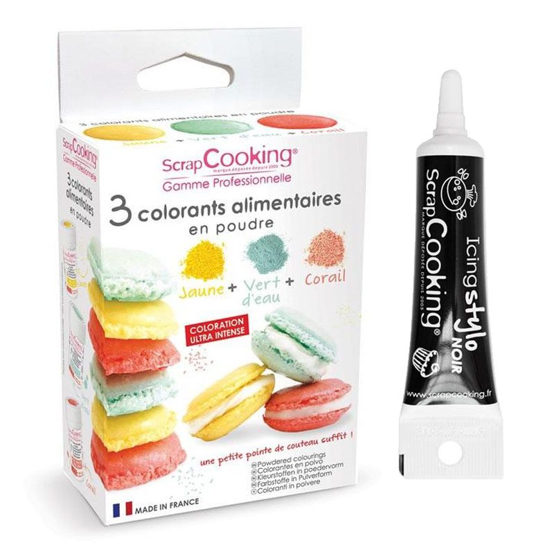 3 colorants alimentaires rose-violet-corail + stylo glaçage noir